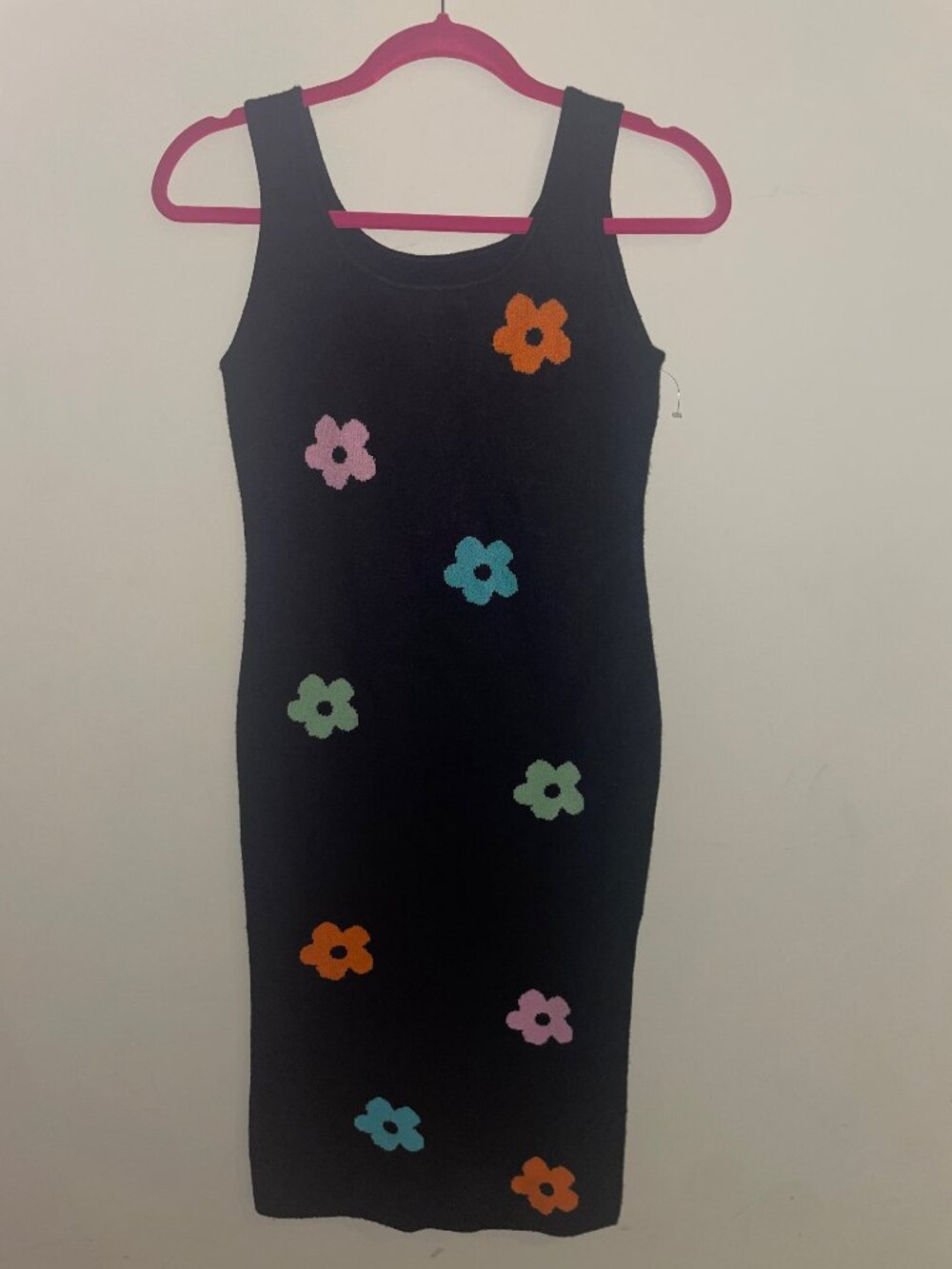 SHEIN Black Floral Knit Sleeveless Dress 12Y Colorful Retro Flowers